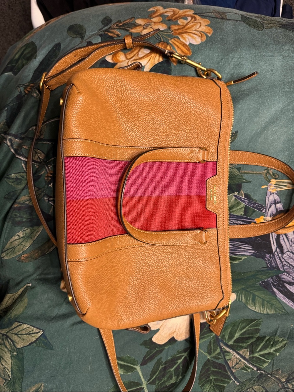 Coach Tan Leather Satchel with Red & Pink Center Stripe